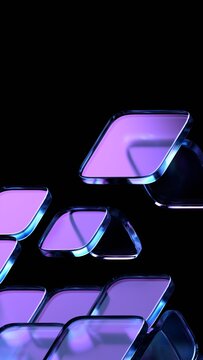 Abstract purple glass blocks on a black background, vertical 3d render