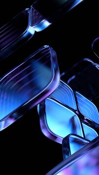 Abstract blue glass blocks on a black background, vertical 3d render