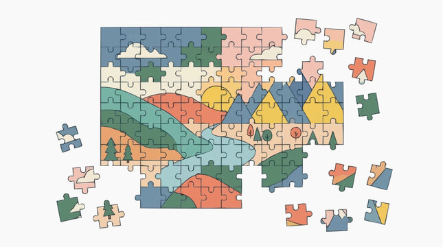 A whimsical puzzle, each piece interlocks to reveal a vibrant landscape. The design showcases mountains, trees, sun, and river, inviting a sense of tranquility and mental engagement. 