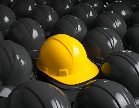 An eye-level composition of construction helmets, primarily gray, with one bright yellow hardhat prominently displayed. The image conveys a sense of uniqueness