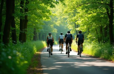 Obraz premium Four cyclists ride on a paved road through a rich green forest on a sunny summer day. People enjoy a recreational bike ride together amongst tall trees and vibrant foliage.