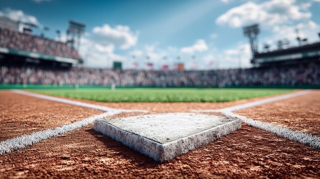 Baseball Home Plate in Field with Players and Spectator Crowd Behind