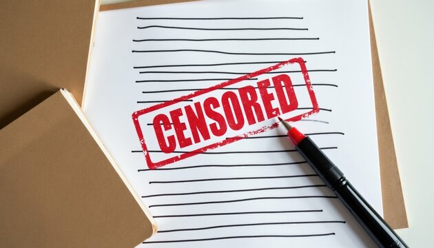 Red stamp mark labeled censored on lined paper document. A pen lies on the page with obscured text. Concept of document review information control and privacy.