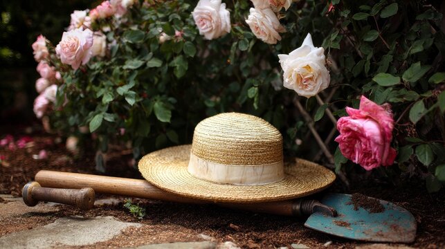 Hat, garden tools sit by roses outside.