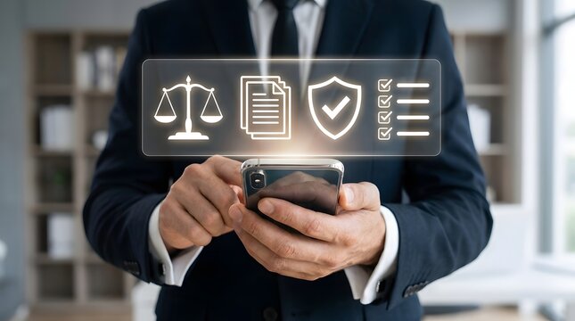 Man in a suit holding a smartphone displaying digital icons for law, documents, shield, and checklist, representing legal advisory services and digital compliance.