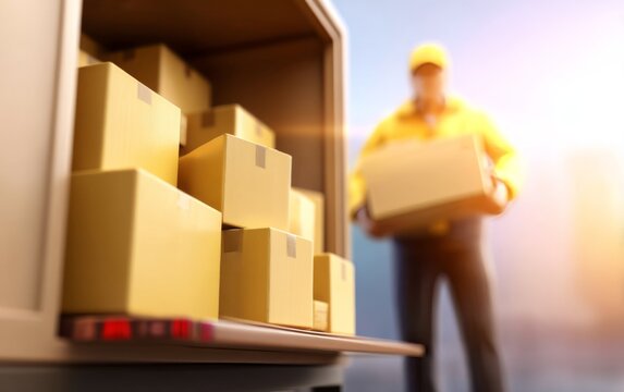 Delivery Truck Unloading Boxes in Cargo Area During Daylight Hours