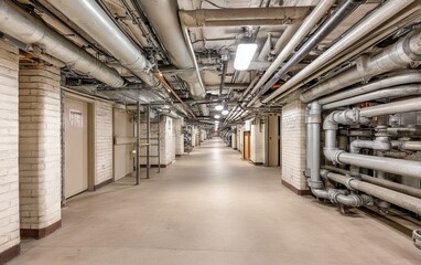 Fototapeta premium Subway Maintenance Corridor with Exposed Pipes and Industrial Elements