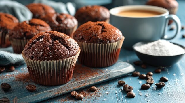 Muffins, dusted with cocoa, sit on a bright table.