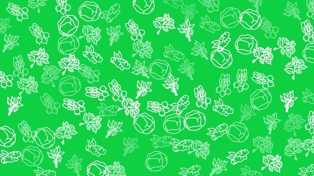 Green background with white outlined vegetables and fruits. Suitable for food blogs, healthy eating websites, and nutritionrelated social media posts.