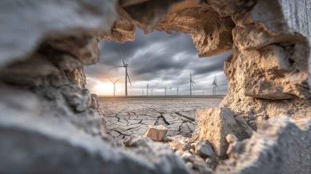 View of Wind Turbines Through Fractured Composite Wall in Empty Field