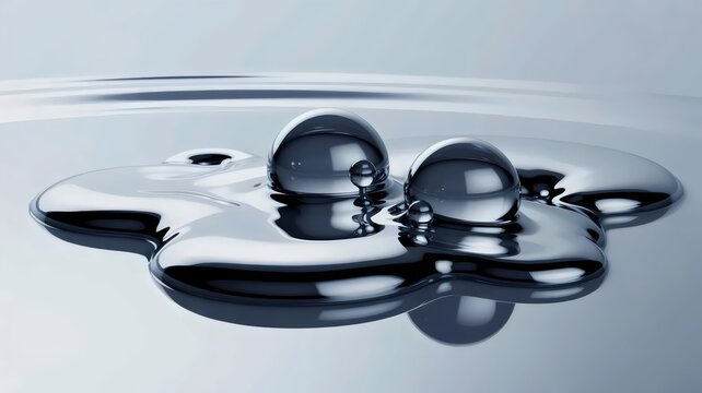 Chrome liquid spheres on white surface &ndash; Suitable for high-fidelity 3D concepts, mirror finish products, or abstract science.