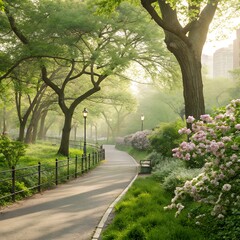 Fototapeta premium Serene morning path through a lush city park in spring