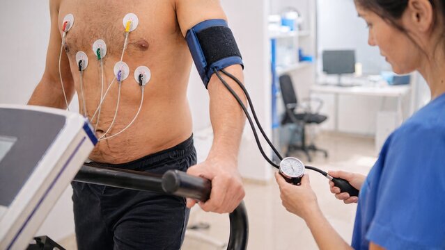 Medical Professional Monitoring Man During Cardiac Stress Test on Treadmill with ECG Electrodes and Blood Pressure Cuff in Diagnostic Center