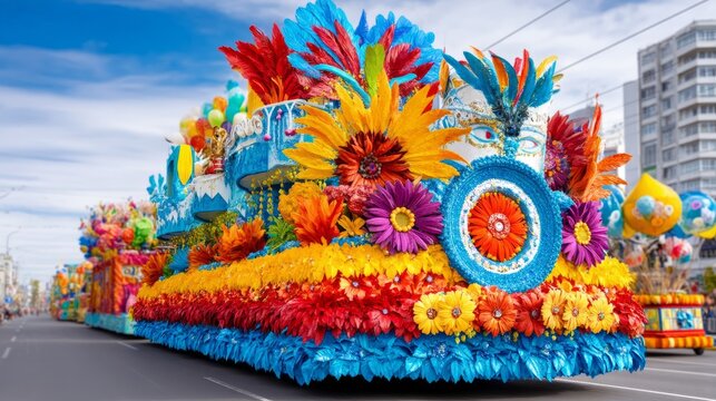 Vibrant Festival Float in a Colorful Parade with Floral Decorations