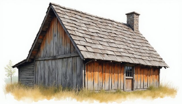 Watercolor painting of rustic wooden house with shingle roof, stone chimney. Aged weathered planks form walls. Aged dwelling sits in tall grass. Traditional architecture evokes country charm,