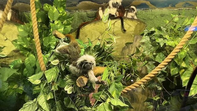 Two cute Goeldi's marmoset are standing on a tree branch