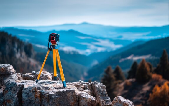 Survey Equipment on Canyon Edge with Stunning Landscape in Background