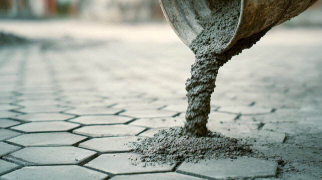 Pouring fresh concrete from a bucket onto a hexagonal patterned pavement surface for construction and repair work outdoors in soft natural light
