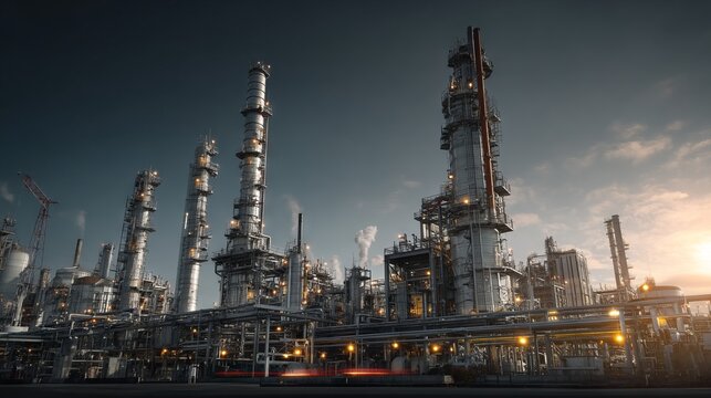 Tall Refinery Facility with Distillation Towers Against a Sunset Sky