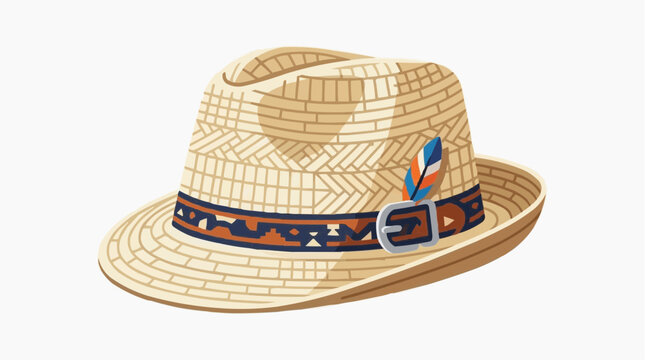 A stylish straw hat with a decorative band and feather accents sits, suggesting an afternoon of leisure, a summer vacation, or classic fashion style. 