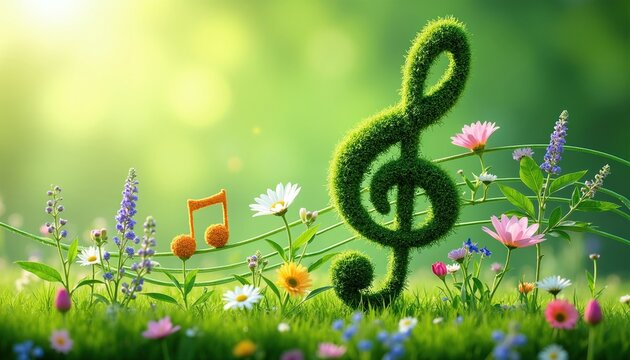 Green treble clef and musical notes made from grass and flowers grow in a sunny meadow. This scene blends nature and music art with blooming plants and soft bokeh background light.