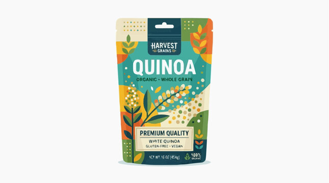 A close-up shot of a quinoa product package, with focus on the packaging design, which highlights the product's natural origins and premium quality.