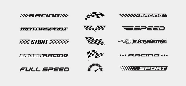 Editable vector Racing graphics and motorsport typographycs signs.. Racing sport elements set of stripes, finish flags, sport signs, flames decals, dynamic elements, sport car stickers and decals