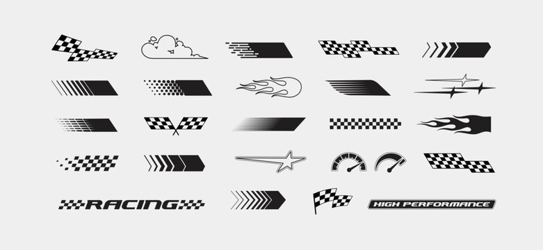 Set of Racing graphics and motorsport signs. Racing stripes, finish flags, sport signs, flames decals, dynamic elements. Sport graphics for racing banner, stickers and decals design editable vector 