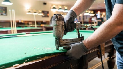 Worker using a pneumatic staple gun to attach green felt to the edge of a pool table