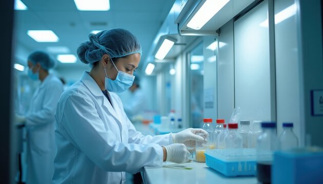 Woman scientist in lab coat, mask works with liquids in sterile cabinet. Researcher wears gloves, cap, analyzes samples on bench. Science career, medical research, lab equipment, biology experiment.