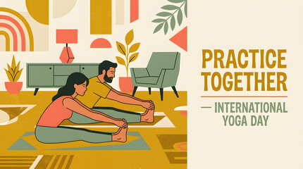 Fototapeta premium Couple man woman practice yoga together international yoga day home workout fitness health wellness life art illustration