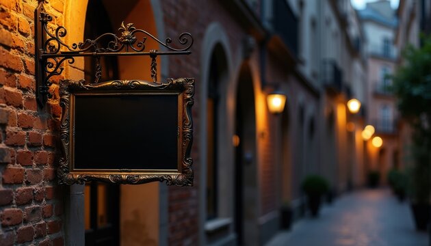 Ornate blank sign hangs on brick wall in dark alleyway at night. Wrought iron frame for business name or menu display. Empty vintage signboard.