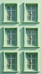 Obraz premium Six identical green windows with white panes and brown handles repeat in a symmetric pattern on a pale green wall. Daylight creates soft shadows on the building facade.