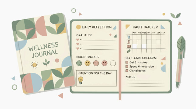 An inviting wellness journal awaits, ready to be filled with reflections and intentions, offering a canvas for self-care and habit tracking.