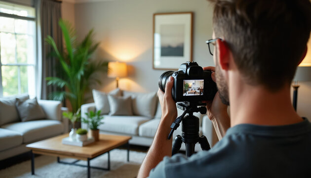 Male photographer takes pro photos of modern living room interior decor. Man uses camera on tripod to shoot stylish home furnishings, furniture, and design elements for real estate.