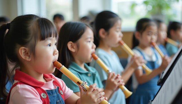 Young children practice recorder instruments in music class. Kids learn to play woodwind music together. Diverse group of students enjoy musical education, smiling during lesson.