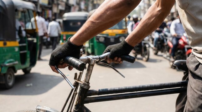Close up of the hands of a bicycle rickshaw driver holding old metal handlebars in traffic