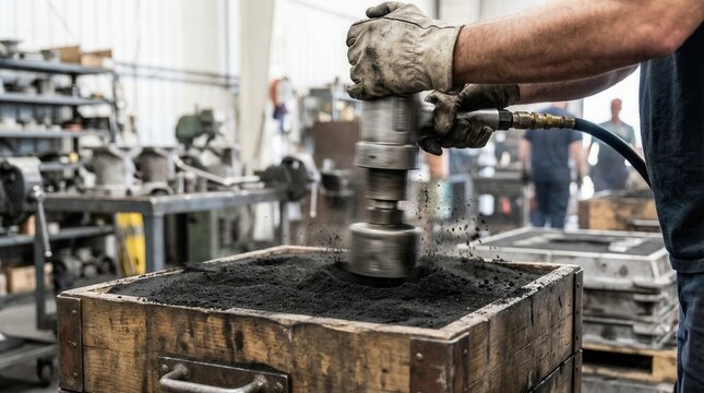 Foundry worker using a pneumatic rammer tool to tamp black casting sand into a wooden mold