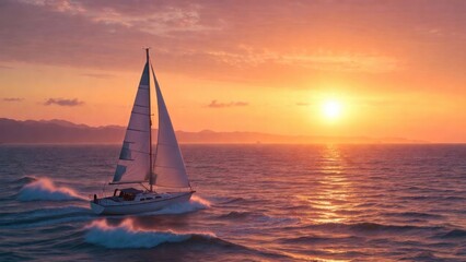 Fototapeta premium Sailboat cutting through waves at sunset over open sea