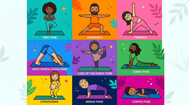 International Yoga Day colorful cartoon pose guide tree warrior triangle cobra bridge corpse diversity