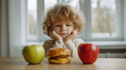 Fototapeta premium Young curly-haired child in white sweater contemplating healthy apples and a cheeseburger on a wooden table by a bright window indoors