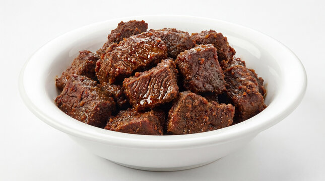 A white bowl filled with chunks of savory beef in a rich brown sauce on a plain white background
