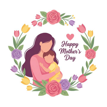 Heartwarming Mother's Day illustration featuring a loving mother embracing her child within a beautiful floral wreath design, celebrating family affection and joy