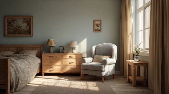 Bedroom with comfy bed, chair, table, and wooden drawers.