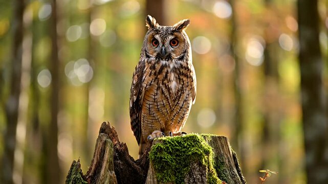 Long eared owl perched on mossy stump in sunlit forest