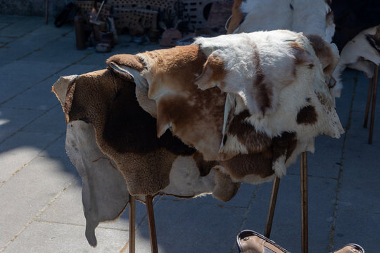 Animal hides and furs drying at outdoor market