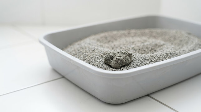 Cat litter box with formed clump of urine on tile bathroom. Frequent urination (Polyuria). Feline Diabetes treatment and symptoms with copy-space.