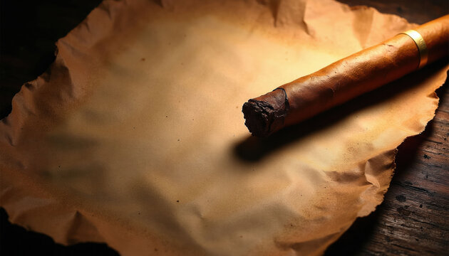 Single cigar rests on aged brown parchment paper, offering copy space. Rich texture and warm lighting evoke luxury and tradition. Ideal for articles on connoisseurship or vintage themes.