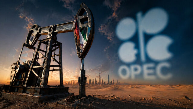 Oil pump jack and glowing opec logo in desert landscape with city skyline under dramatic sky.