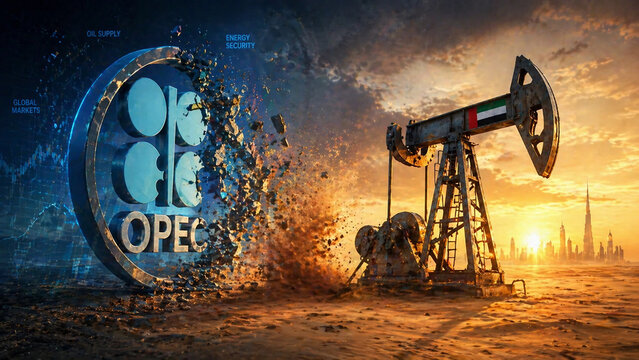 Opec logo shattering into particles with oil pump jack and dubai skyline on horizon.